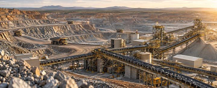 Open-pit mine with haul trucks, conveyors and a processing plant